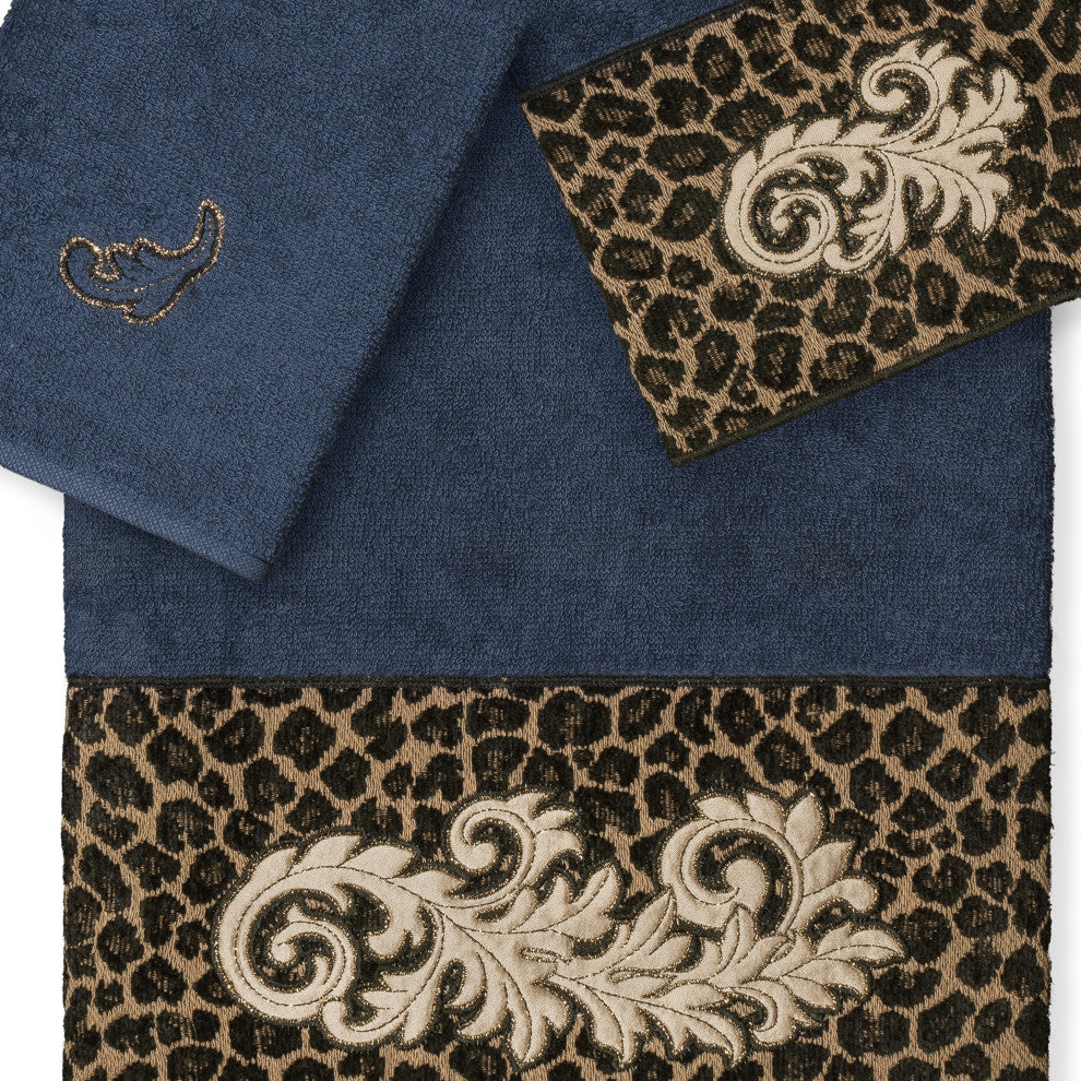 Linum Home Turkish Cotton April 3-Piece Embellished Towel Set, Midnight Blue