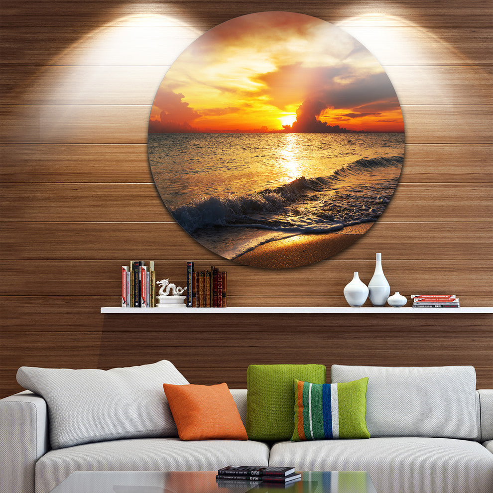 Colorful Dramatic Sunset Over Waves, Beach Disc Metal Wall Art, 23"