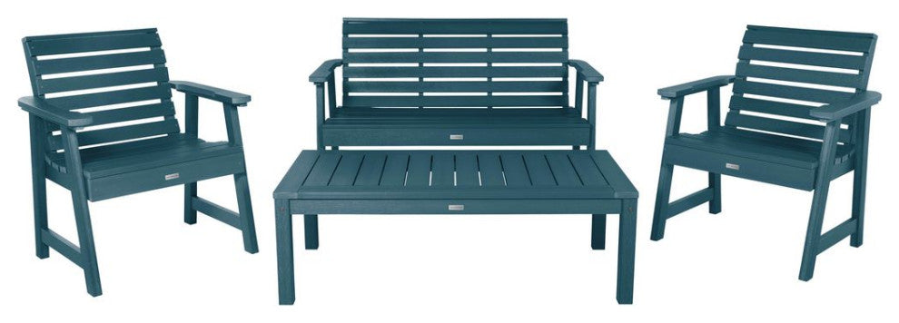 4' Weatherly Bench, Chairs, Conversation Table, 4-Piece Set, Nantucket Blue