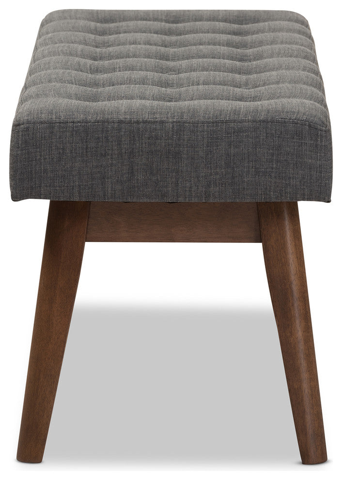Elia Mid-Century Modern Walnut Wood Dark Gray Button-Tufted Bench