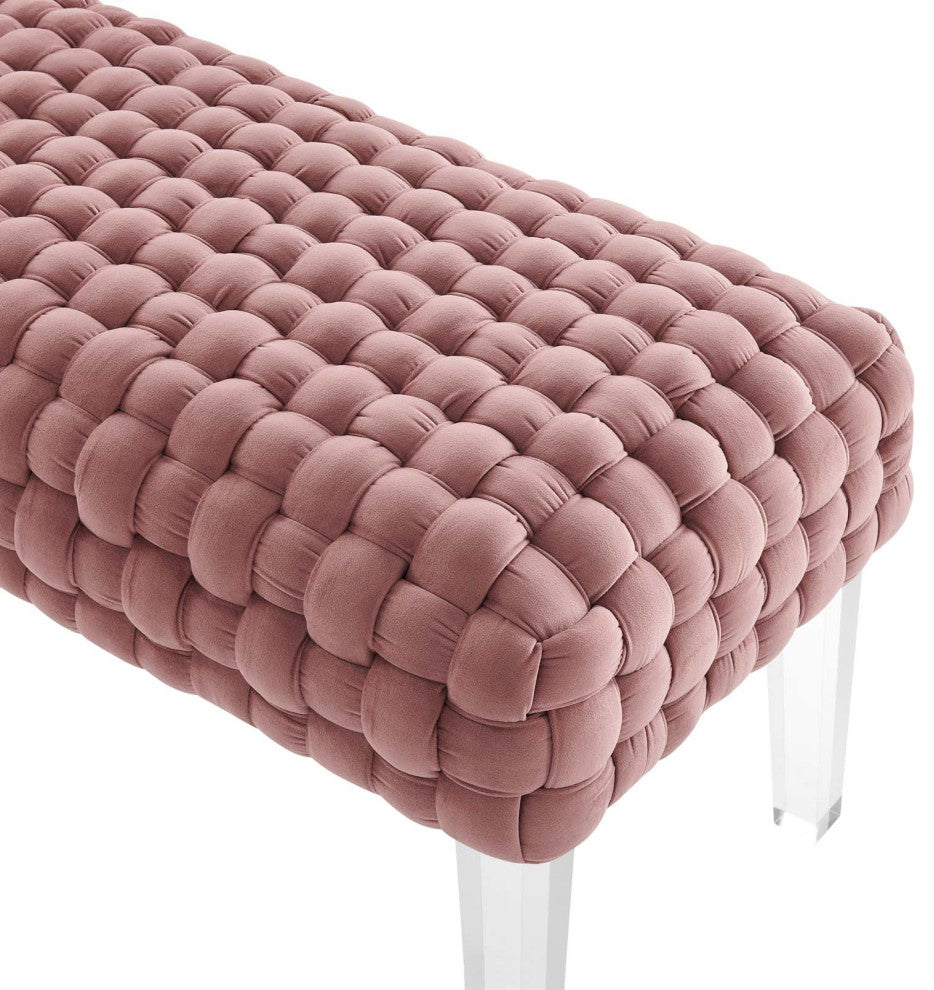 Ottoman Bench, Pink, Velvet, Modern, Mid Century Hotel Lounge Cafe
