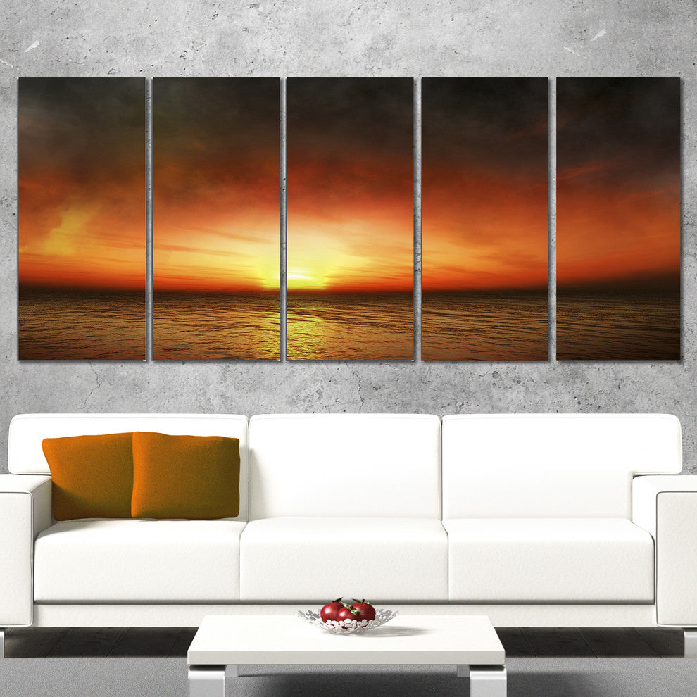 Fiery Sunset Beach under Cloudy Sky, Seashore Canvas Art, 60"x28", 5 Panels