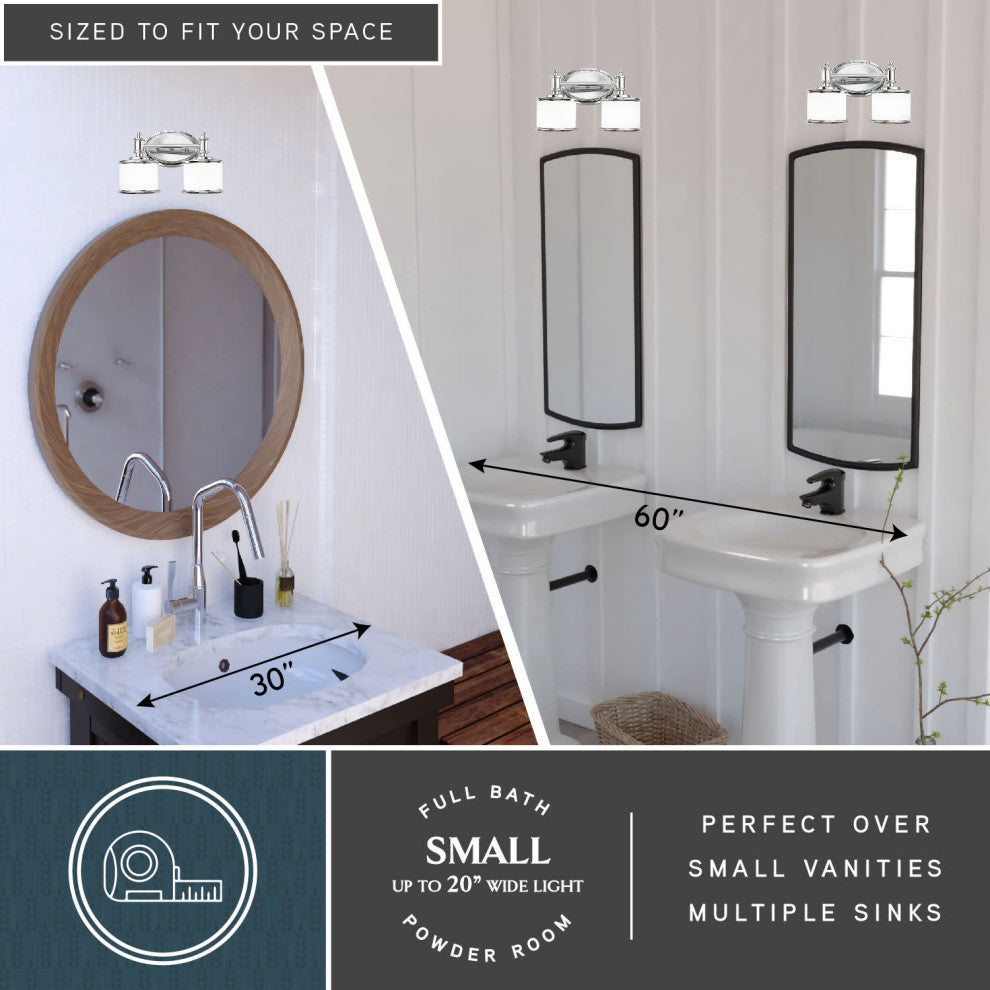 Carlisle 2-Light Vanity, Chrome/Frosted Opal Glass