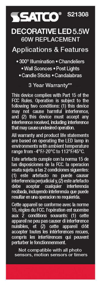 5.5W CA10 LED, Frost, Candelabra Base, 90 CRI, 3000K, 120V