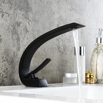 Single Hole 1-Handle Bathroom Sink Faucet Curved Spout with Pop Up Drain, Matte Black