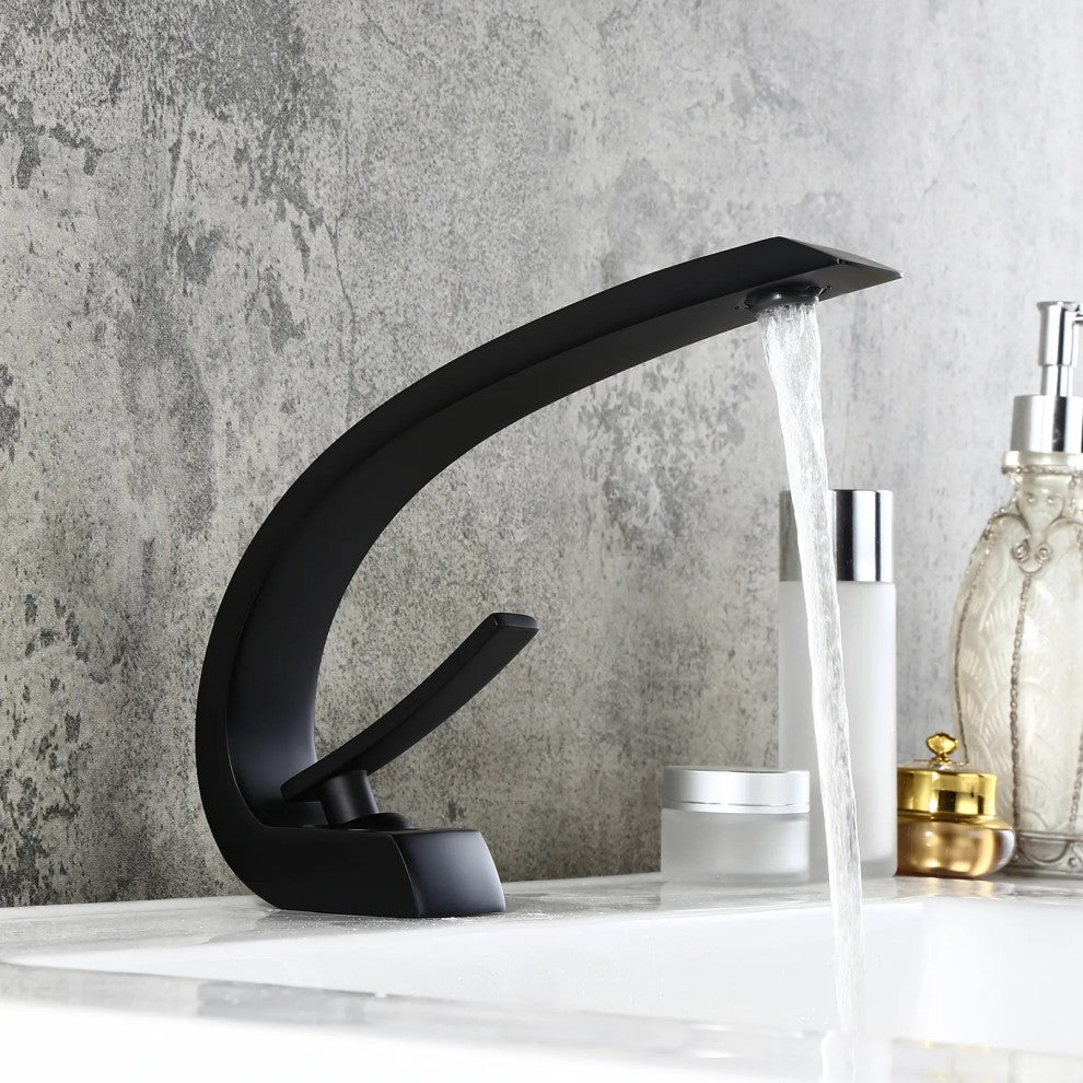Single Hole 1-Handle Bathroom Sink Faucet Curved Spout with Pop Up Drain, Matte Black