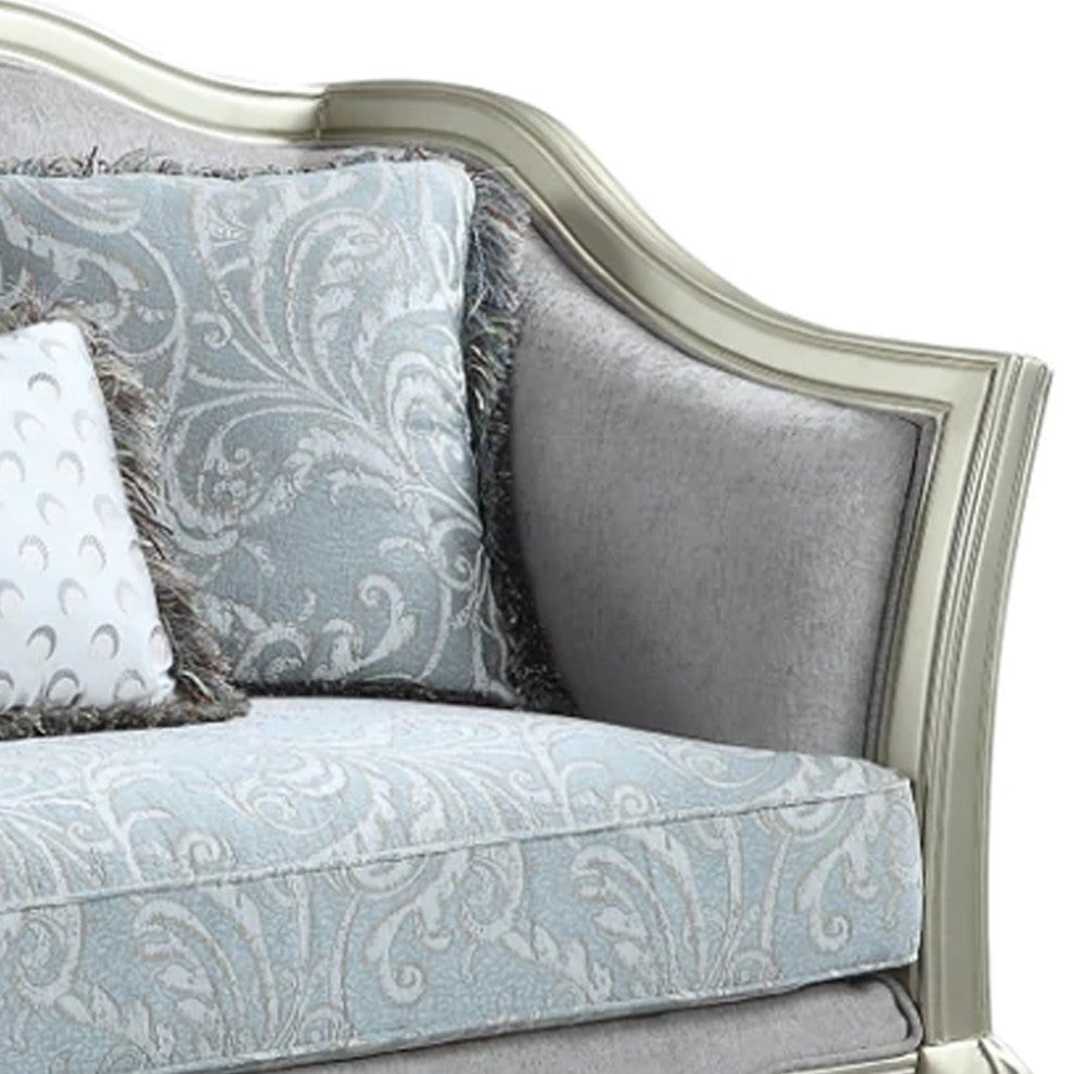 Benzara BM276230 66" Classic Sofa, Fabric Cushioned Seats, Gray, Champagne