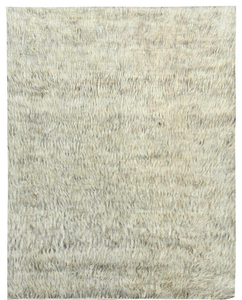 Gray, Undyed Natural Wool Hand Knotted, Shaggy Moroccan Rug, 7'7"x9'10"