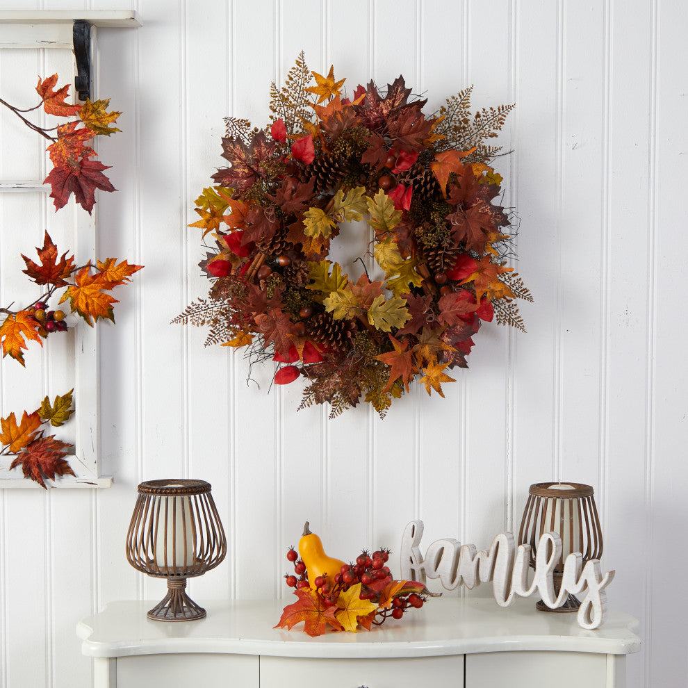 30" Autumn Maple Leaves, Acorn, Pinecones and Cinnamon Sticks Faux Fall Wreath