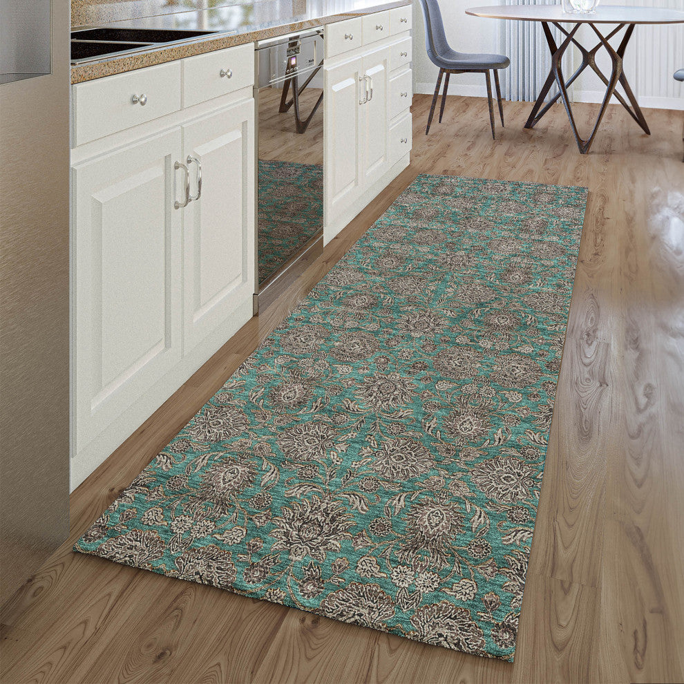 Premium Machine Washable Mayfield AMF702 Teal 2'3" x 7'6" Runner Rug