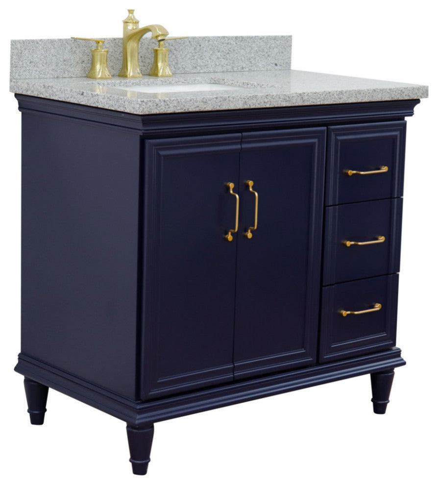 37" Single Vanity, Blue Finish With Gray Granite