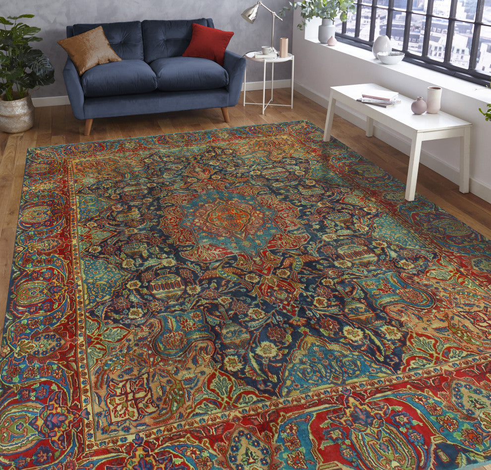 Fine Vintage Distressed Bernal Navy/Red Rug, 9'9 x 12'3