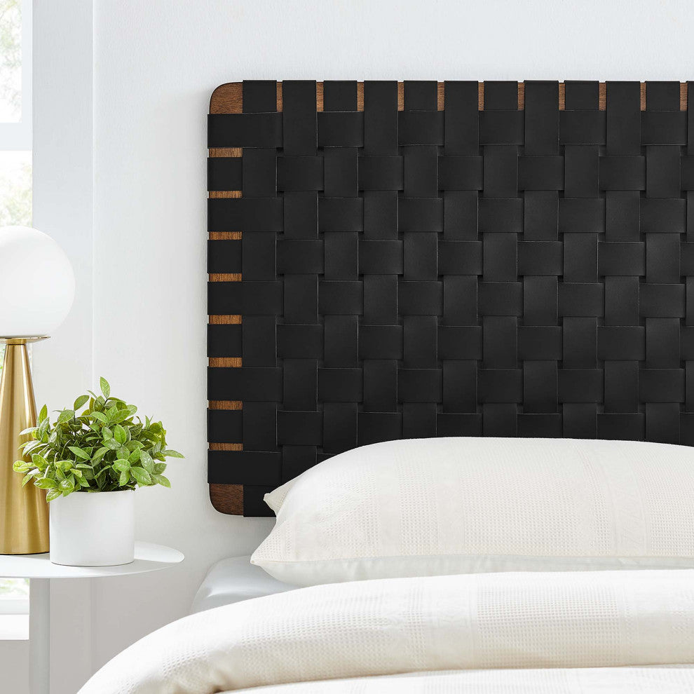 Sparta Weave Wall-Mount Vegan Leather Twin Headboard, Walnut Black