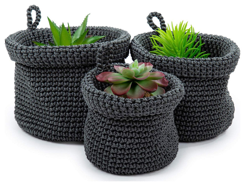 Set of 3 Woven Fabric Planter Basket, 5 x 4 inches, Grey
