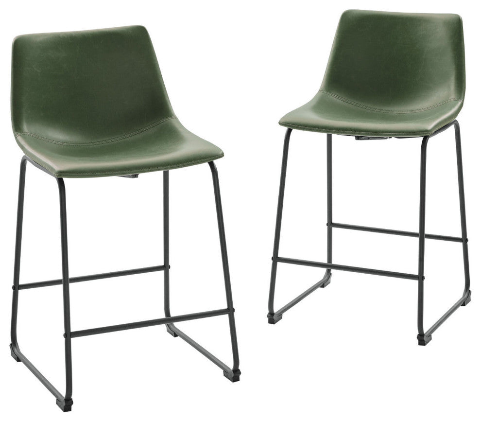 26"? Contemporary Metal-Leg Faux Leather Counter Stool "“ Green
