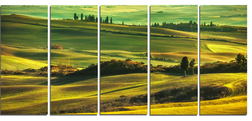 "Green Rolling Hills On Misty Sunset" Landscape Wall Art, 5 Panels, 60"x28"