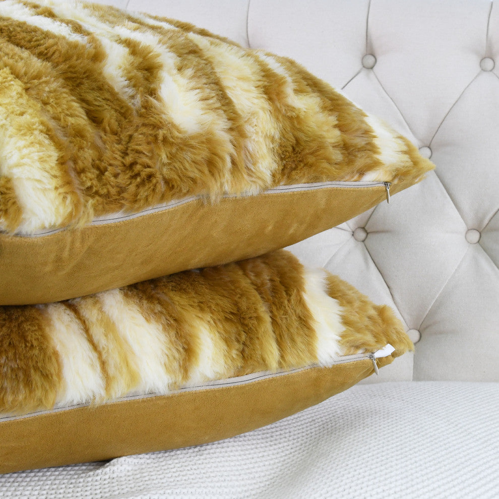 Jacquard Faux Fur Pillow Covers Set of 2, Amber Gold, 26'' x 26''