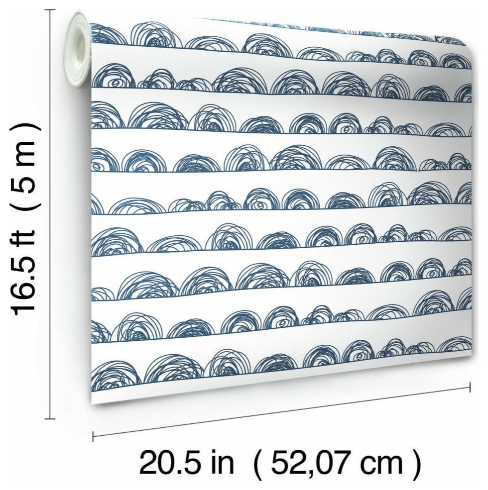 White & Indigo Doodle Scallop Peel & Stick Wallpaper