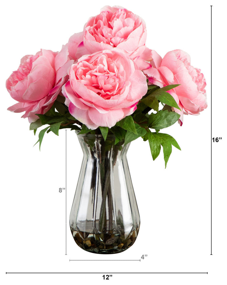 16in. Artificial Peony Arrangement, Glass Vase