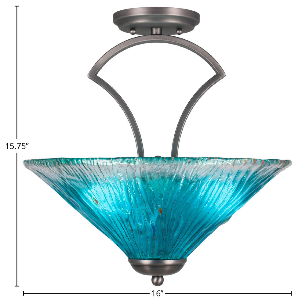 Zilo Semi Flush With 3 Bulbs, Graphite Finish With 16" Teal Crystal Glass
