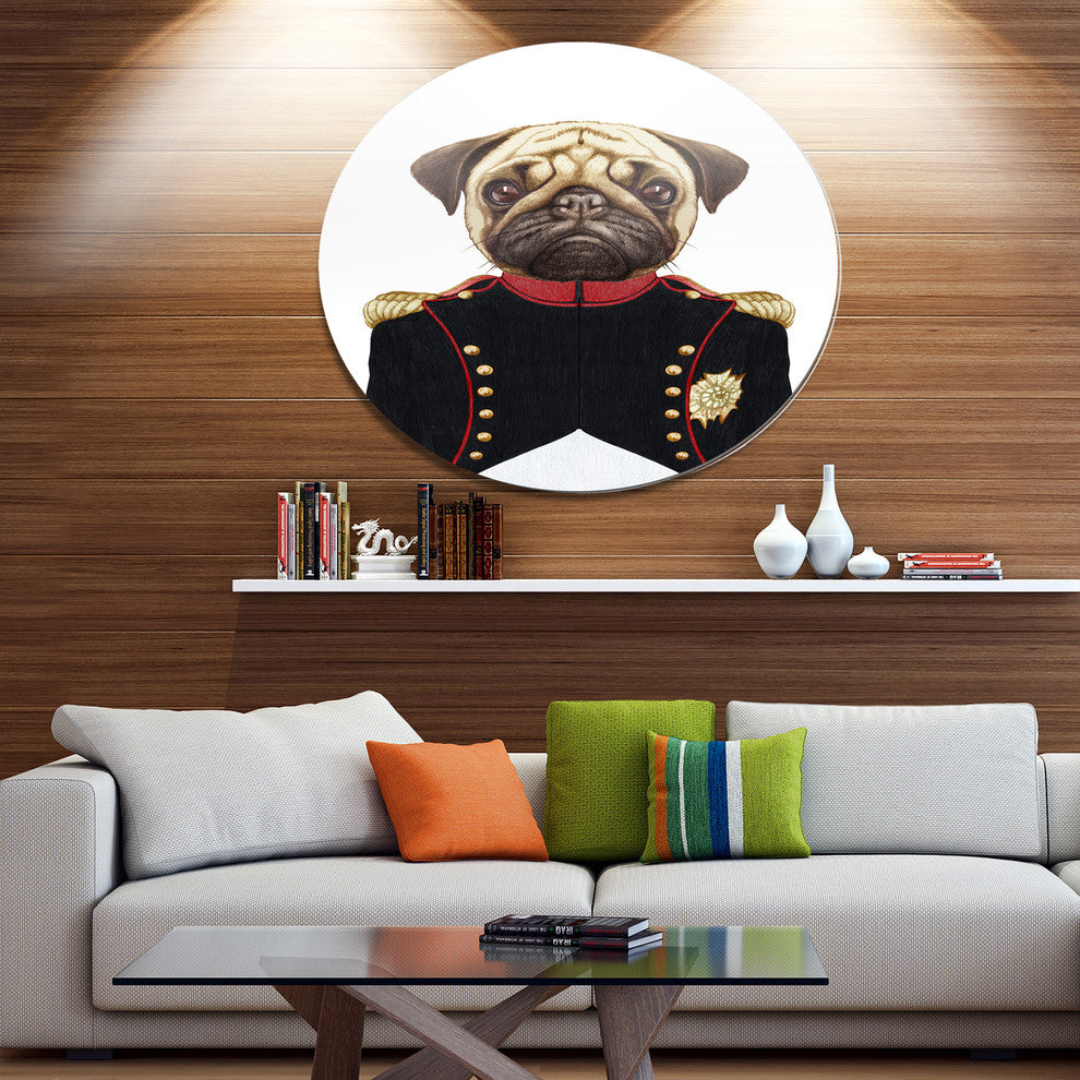 Pug Dog In Military Uniform, Modern Animal Round Wall Art, 23"