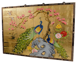 Oriental Wall Plaques Hand-Painted Peacock on Gold Leaf, 4-Piece Set, 56"x40"
