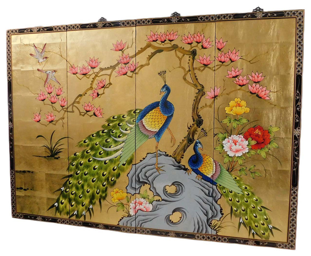 Oriental Wall Plaques Hand-Painted Peacock on Gold Leaf, 4-Piece Set, 56"x40"