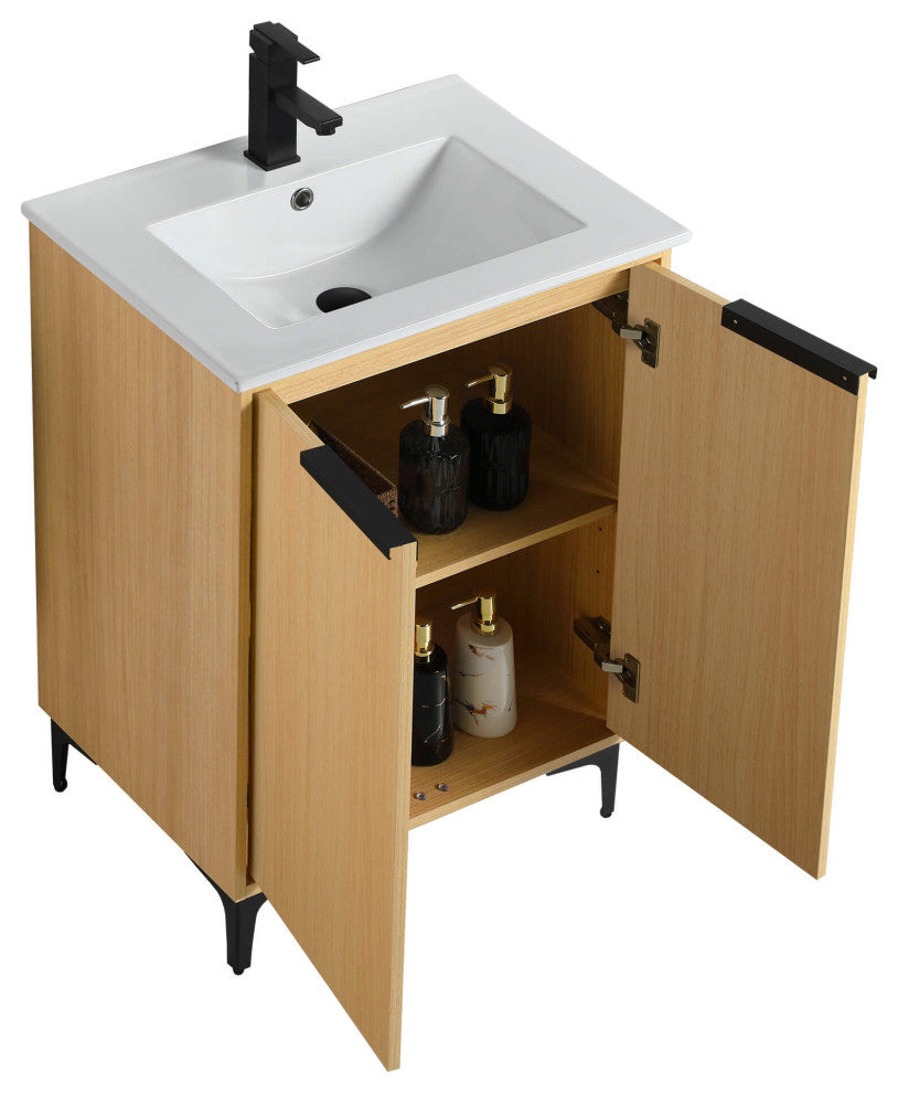 Wilmington Bath Vanity, Natural Oak, 24 Inch, Black Hardware