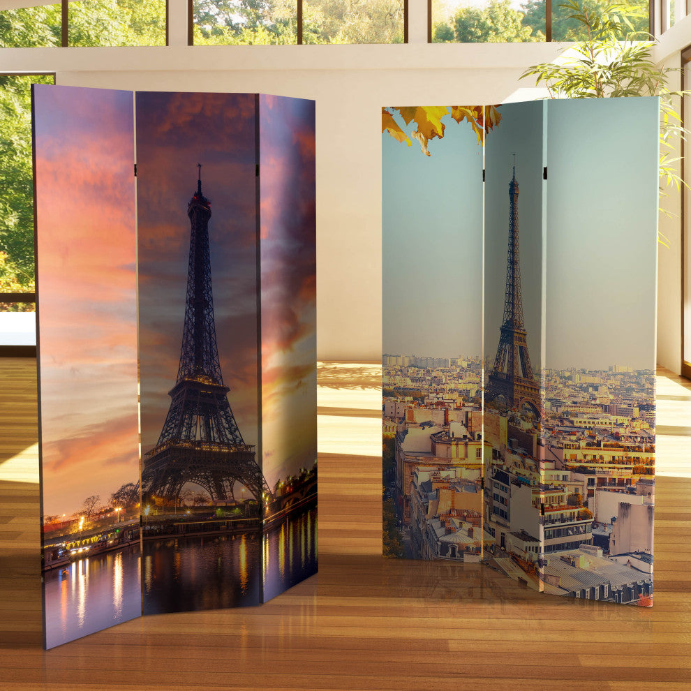 6' Tall Double Sided Eiffel Tower Sunset Canvas Room Divider