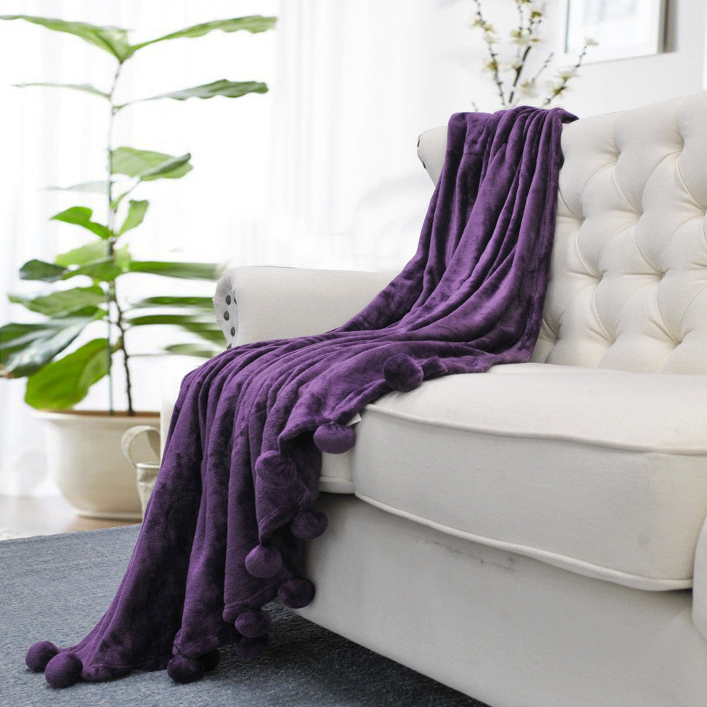 Pom Pom Flannel Fleece Throw Blanket, Blackberry Wine, 50" X 60"