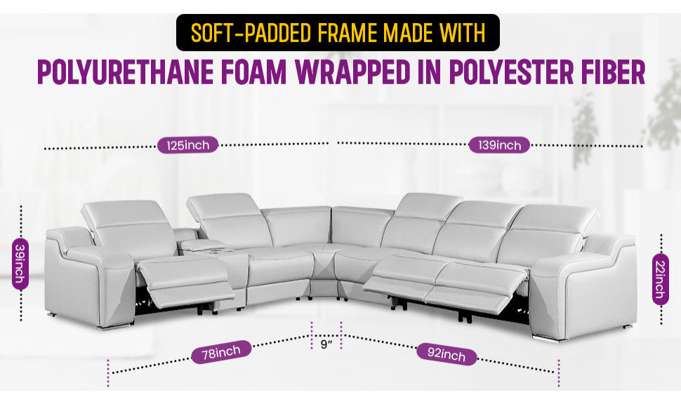 Marco-7-Piece, 3-Power Reclining Italian Leather Sectional, White