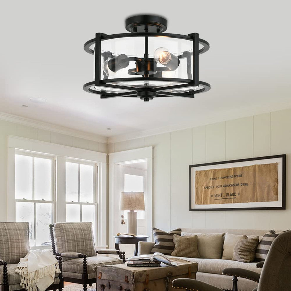 3 Light Industrial Semi Flush Ceiling Light, Farmhouse, Black