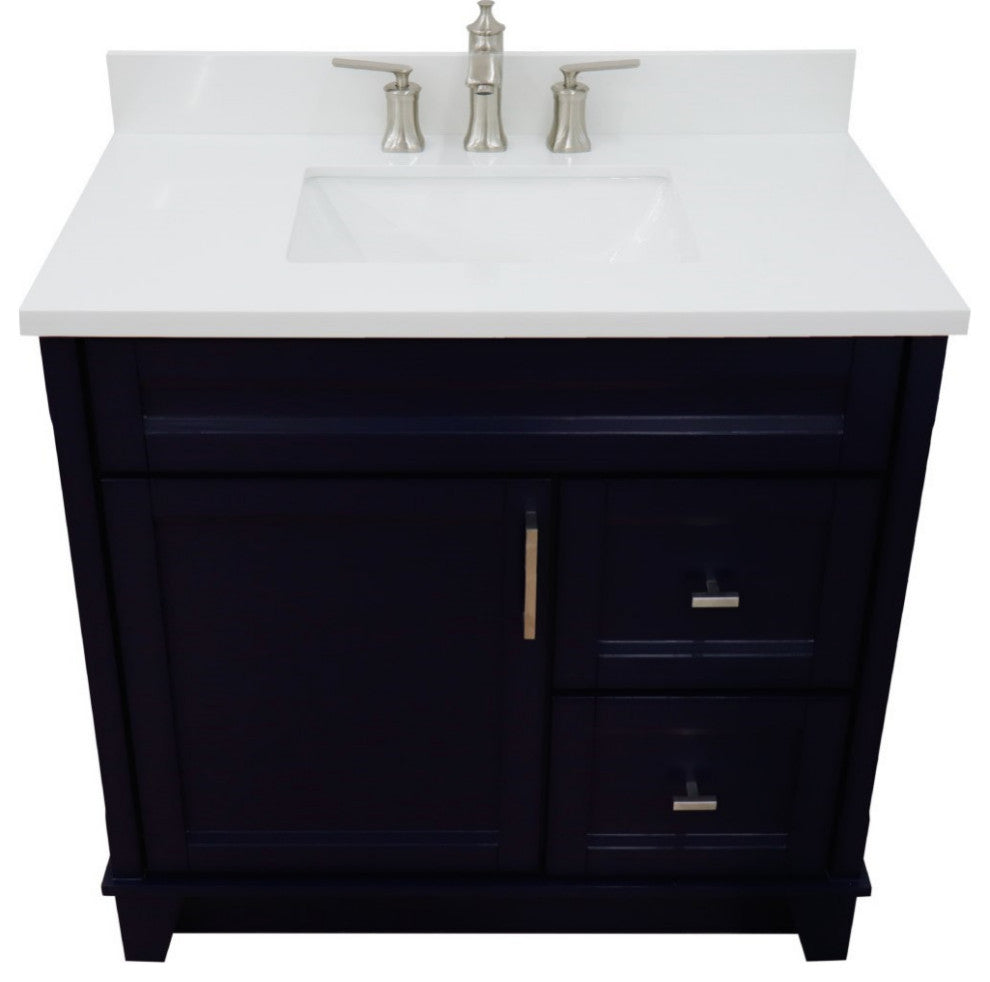 37" Single Sink Vanity, Blue Finish With White Engineered Stone Top