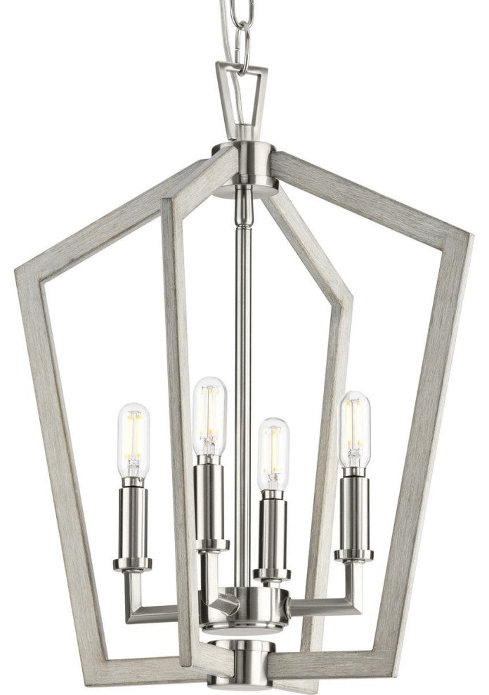 Galloway 4-Light 18" Brushed Nickel Foyer Light With Grey Washed Oak Accents