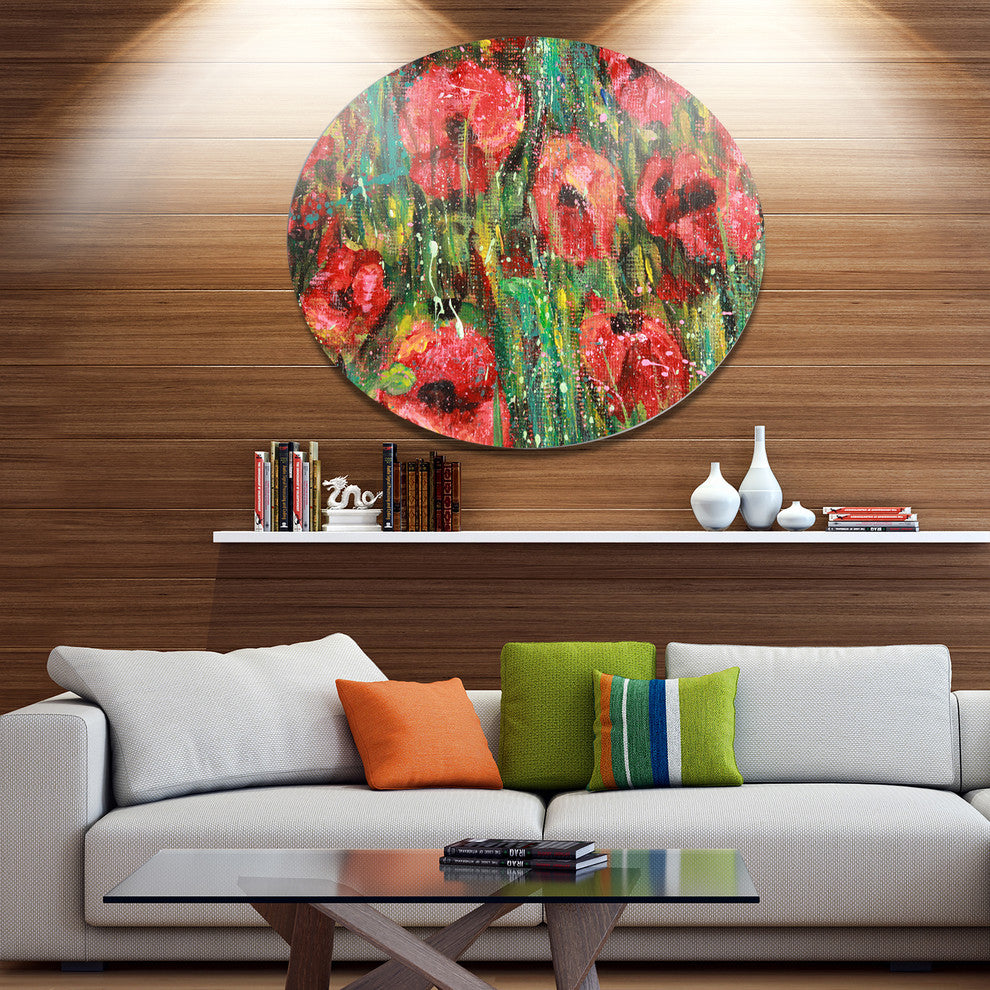 Red Poppies Watercolor Drawing, Floral Large Disc Metal Wall Art, 38"