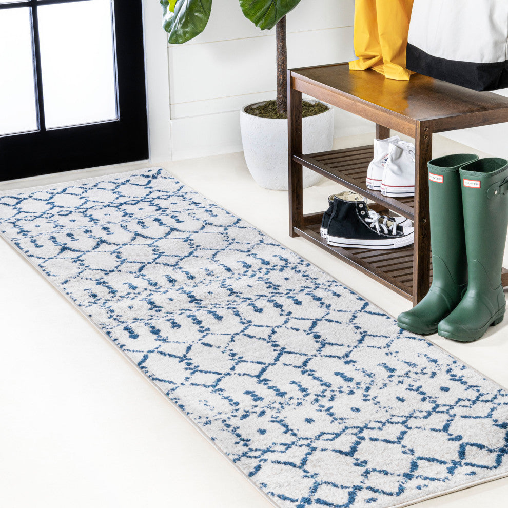 Moroccan HYPE Boho Vintage Diamond Runner Rug, Cream/Navy, 2 X 8
