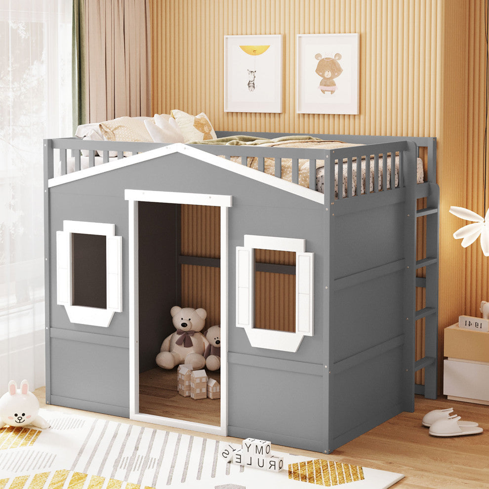 Gewnee Full Size Wood House Loft Bed With Ladder in Gray+White