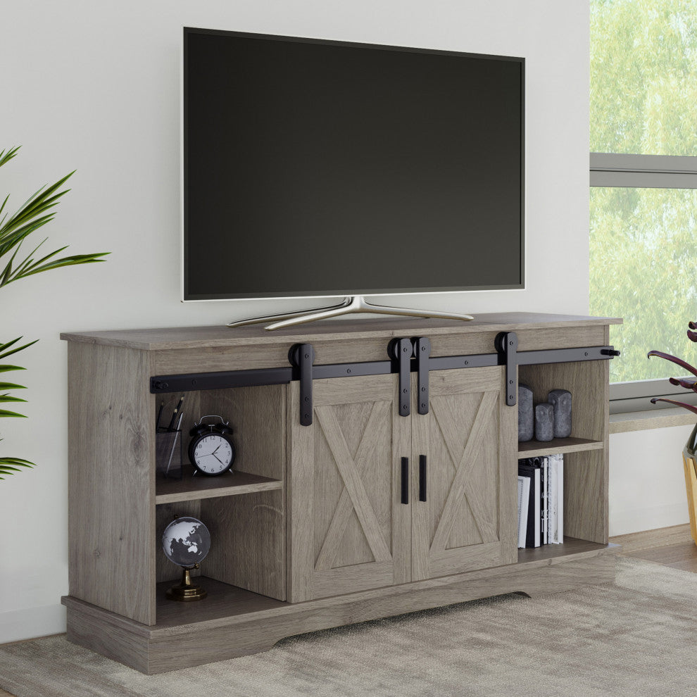 65" TV Stand Entertainment Center Console Shelves Sliding X-Style Barn Doors