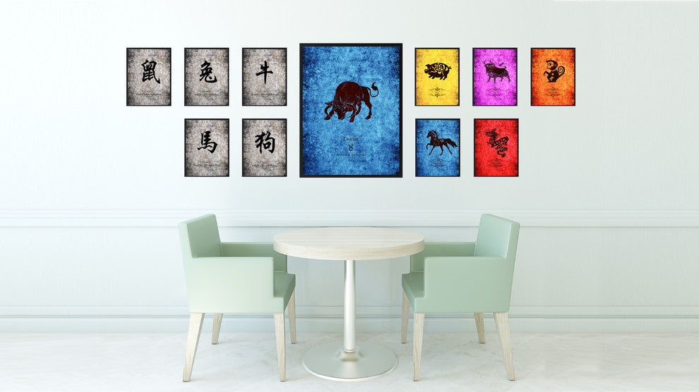 Taurus Horoscope Astrology Blue Print on Canvas with Picture Frame, 13"x17"