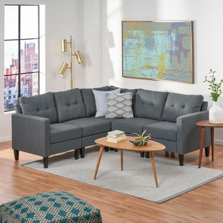 GDF Studio 5-Piece Niya Mid-Century Modern Fabric Sectional Sofa, Dark Gray