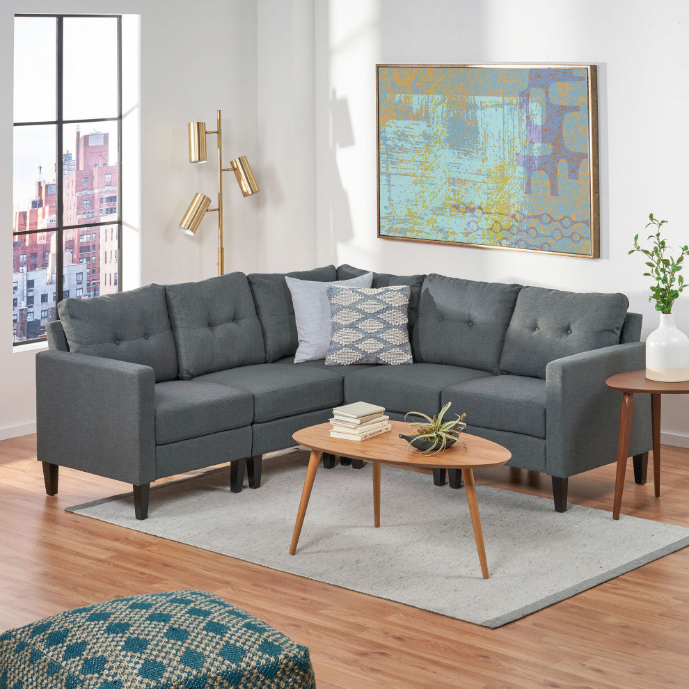 GDF Studio 5-Piece Niya Mid-Century Modern Fabric Sectional Sofa, Dark Gray