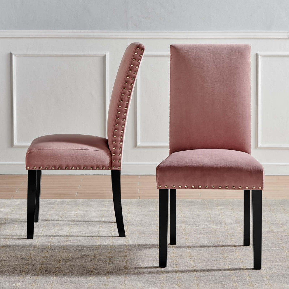 Side Dining Chair, Set of 2, Velvet, Wood, Pink, Modern, Cafe Bistro Restaurant