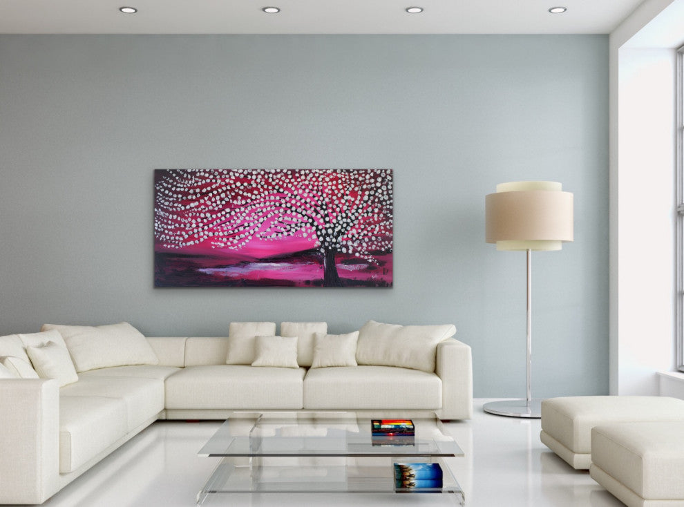 48"x24" Original handmade painting Modern pink landscape art for home decor