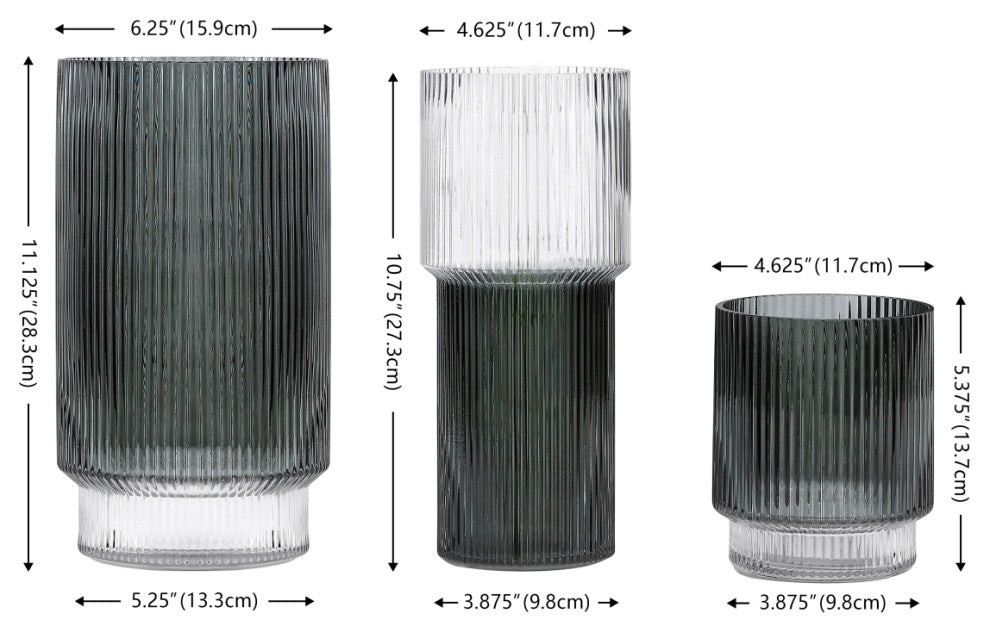 Safavieh Zinc Fluted Glass Vase, Set of 3, Blue Grey