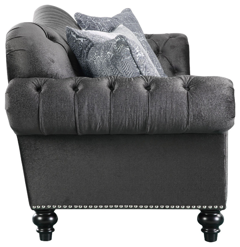 Benzara BM185567 Fabric Upholstered Wooden Sofa With 4 Pillows, Dark Gray