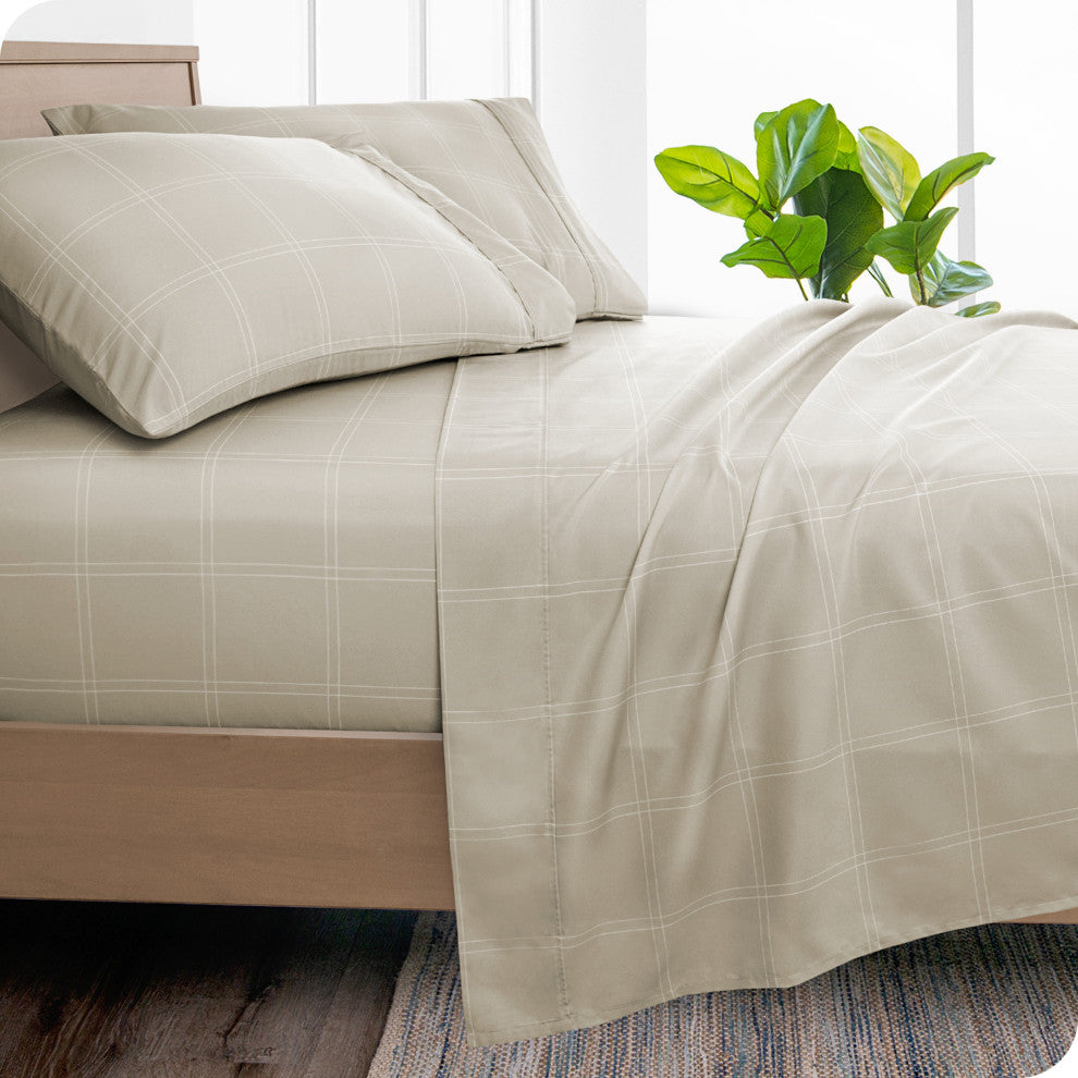 1800 Microfiber Printed Sheet Set, Modern Plaid - Stone/White, Full