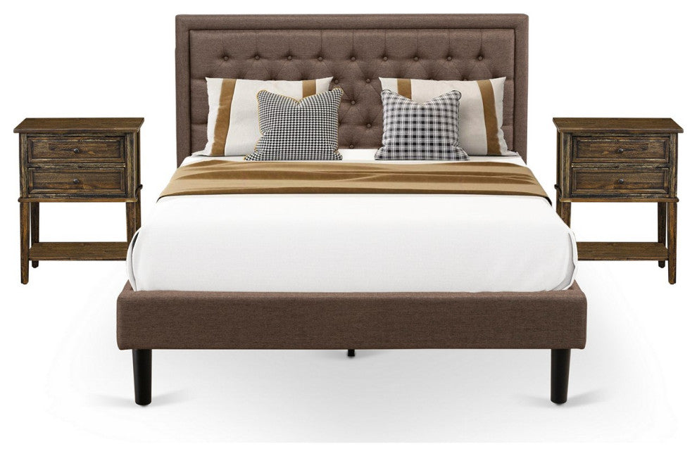 3 Pc Bed Set, 1 Bed Frame Brown, Headboard, 2 Small Nightstand,S Black Legs