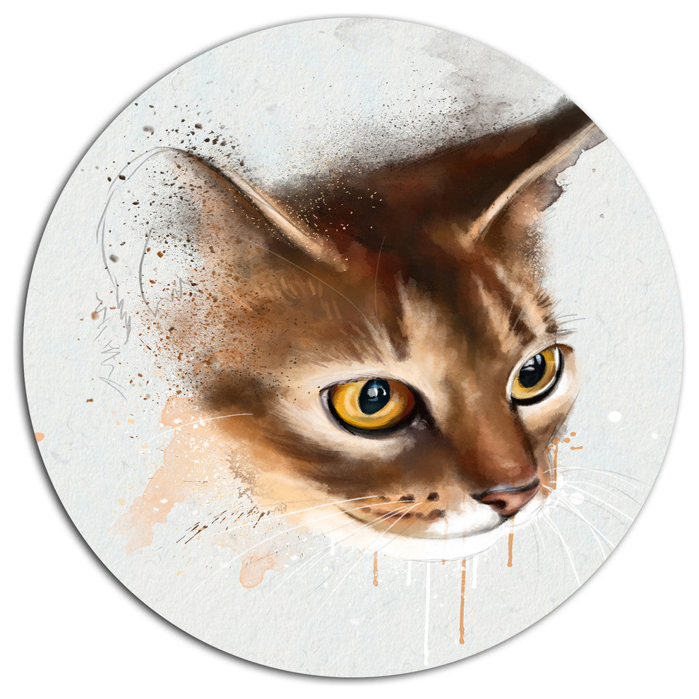 Anxious Brown Cat Watercolor Sketch, Animal Round Wall Art, 11"