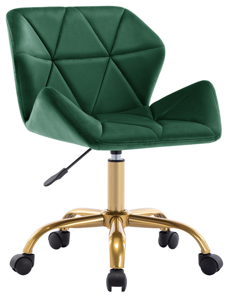 Cute Pointed Armrest Velvet Rolling Chair, Dark Green