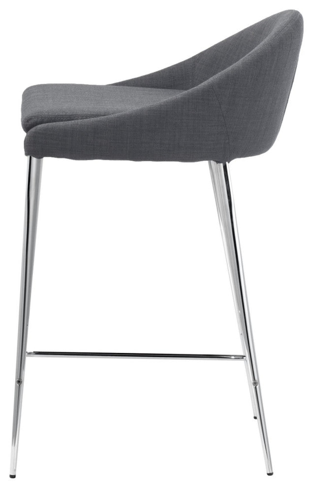 Counter Stool Chair, Set of 2, Steel Metal, Fabric, Gray, Chrome